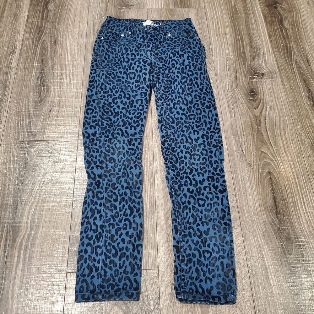 Girls Justice Jeans Size 10S Blue Leopard Print Straight Leg Jeans